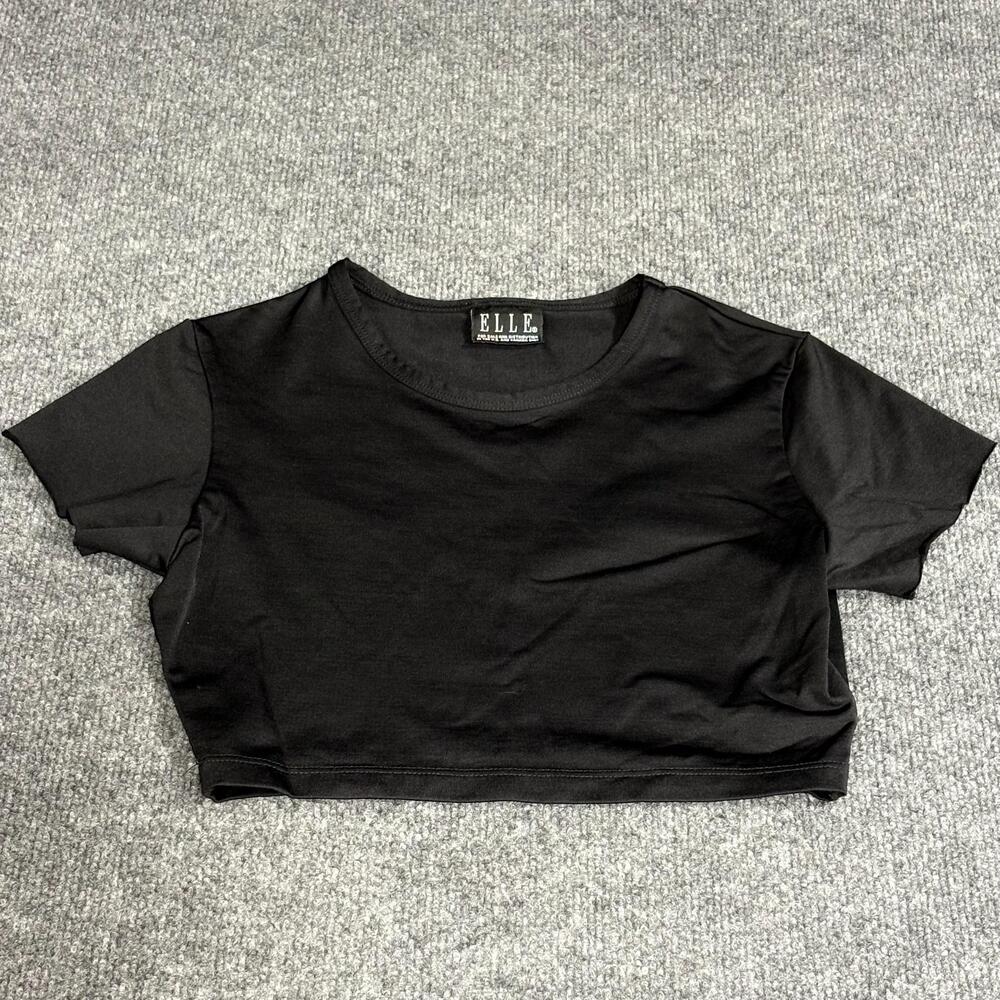 ELLE Shirt Womens Small Black Cropped Crew Neck Short Sleeve Jersey Tee Top